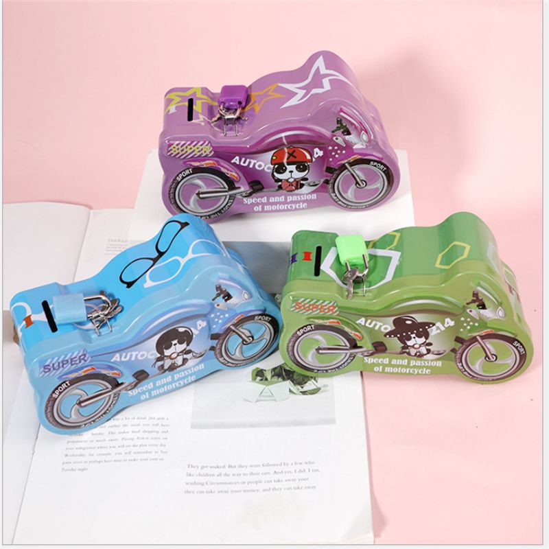 DME026 Little Motorcycle Cartoon Piggy Bank, children's creative piggy bank, custom tinplate box, school gift manufacturer wholesale piggy bank Application Scenario