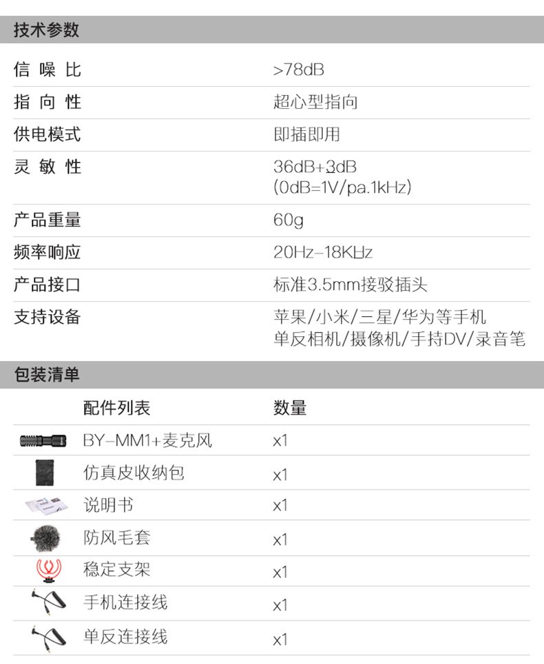 BOYA博雅 BY-MM1+单反麦克风外接话筒手机相机指向直播收音麦话筒详情图16