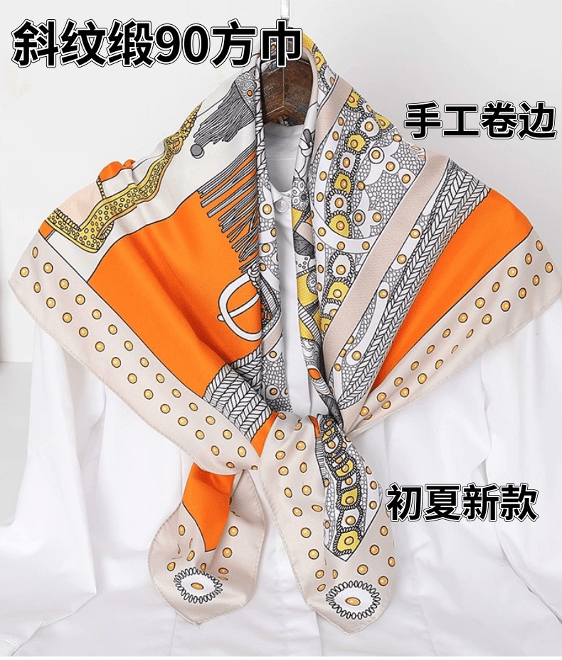 Wholesale of 90-inch faux silk square towels as gifts for Spring and autumn 2021, with color and print for export customization detail image 1