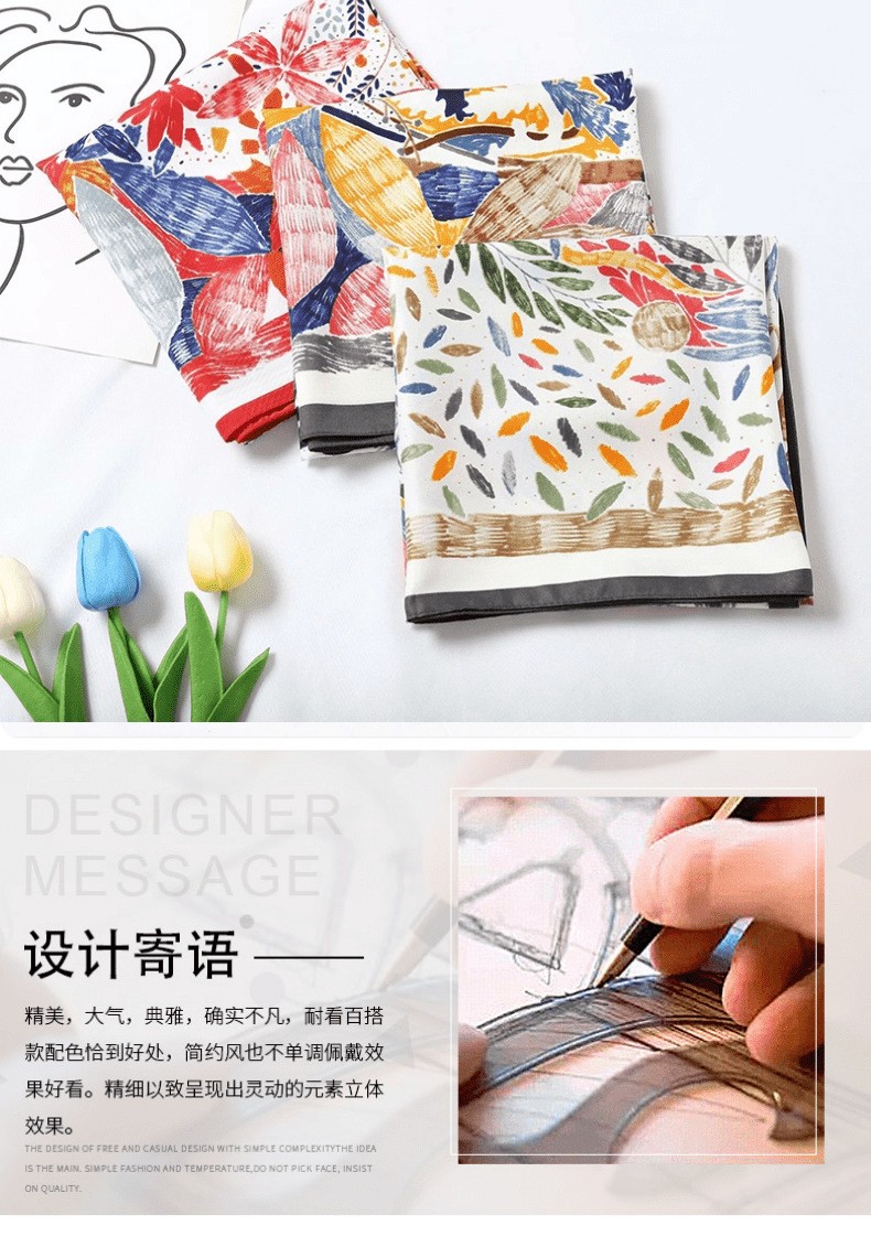 Wholesale of 90-inch faux silk square towels as gifts for Spring and autumn 2021, with color and print for export customization detail image 2