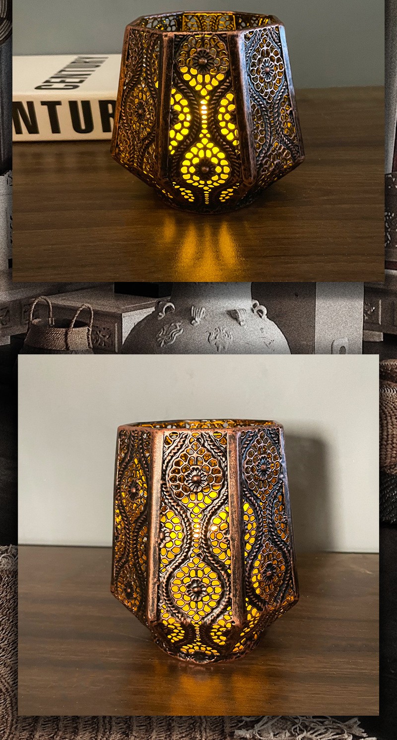 复古家居客厅卧室古铜镂空花纹铁艺八角烛台详情图5