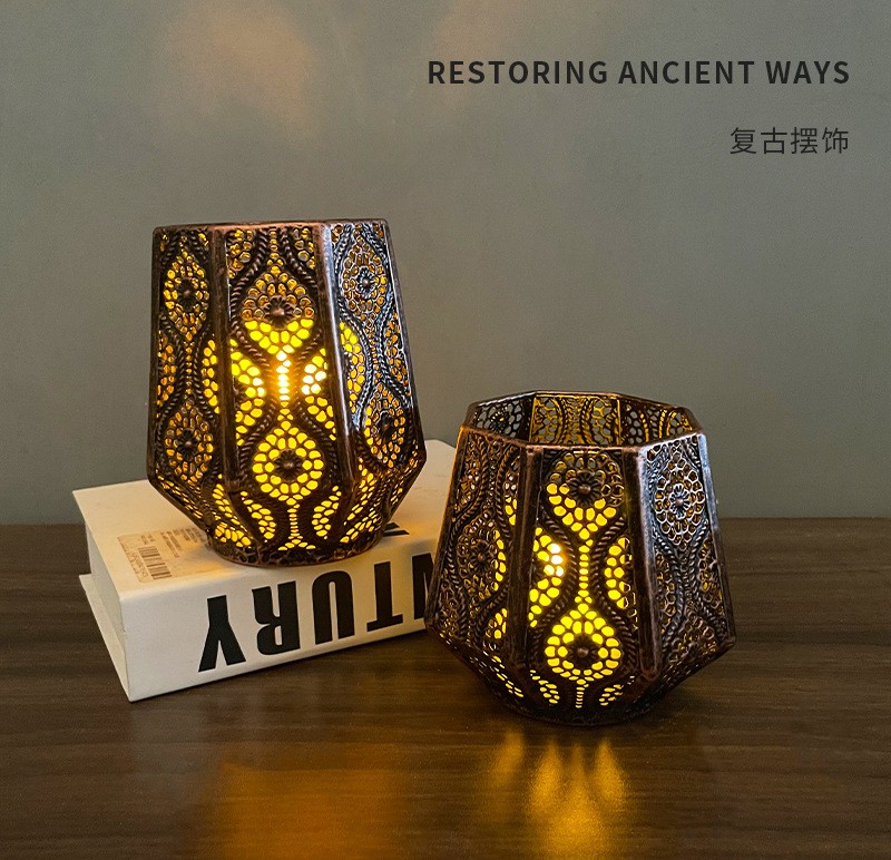 复古家居客厅卧室古铜镂空花纹铁艺八角烛台详情图1