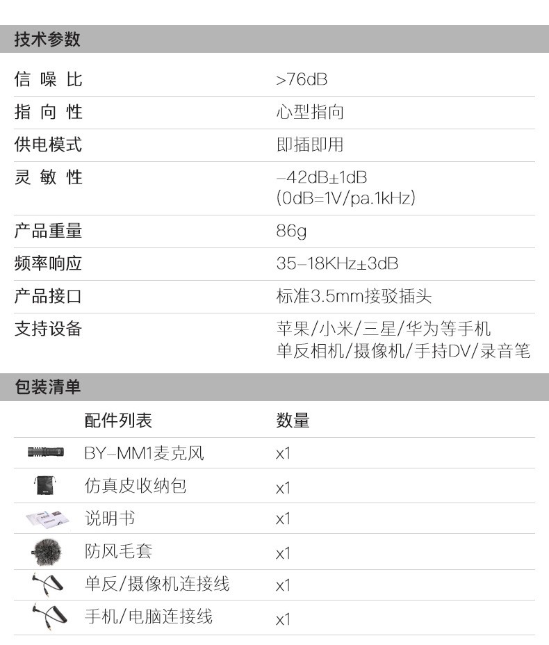 BOYA BY-MM1 手机单反相机通用枪式指向型麦克风 录音话筒博雅MM1详情图16