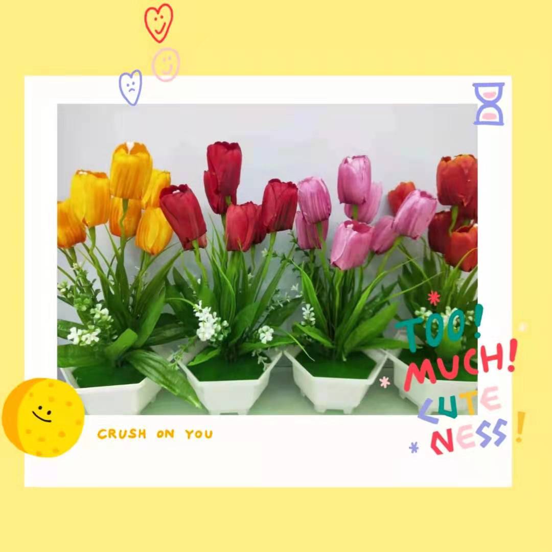 7 tulips, artificial green plants, potted silk flowers, flower arrangements, fences, artificial flowers, floral art sets, living room home decoration items