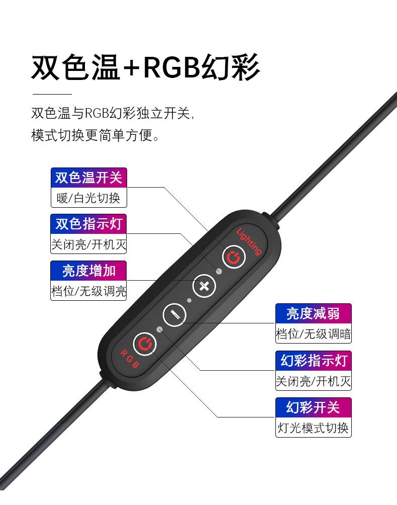厂家直销RGB直播补光灯炫彩主播美颜灯10寸七彩色创意摄影环形灯详情图10
