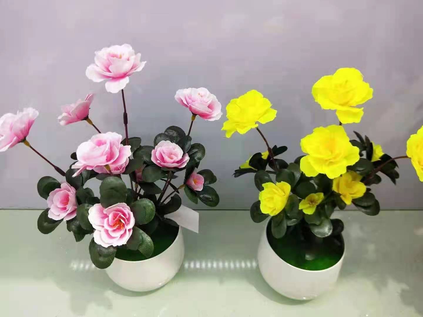 Small Rhododendron 5-prong artificial flower potted plant, creative bonsai, artificial decorative item, home flower and green plant, table decoration, artificial living room decoration detail image 1