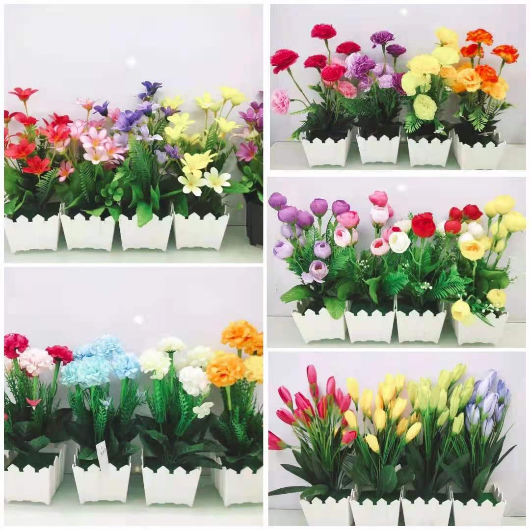 Artificial plastic plant daisies, artificial flower art fences, potted plants, indoor living room window sills, and green plant cover decorations
