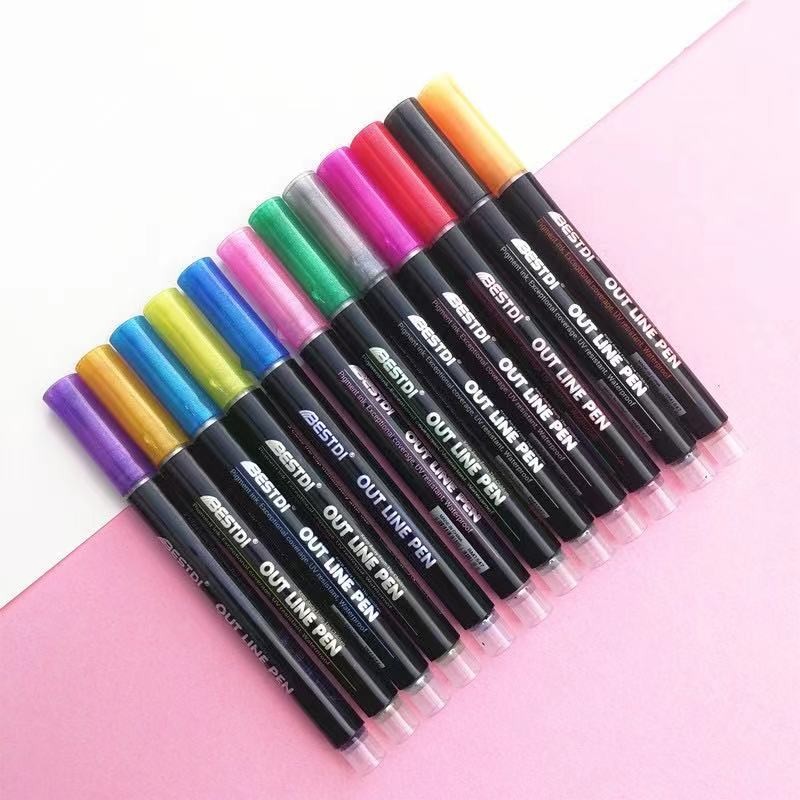 Cross-border Amazon double-line pen, color planner pen, dreamy metal outline pen, hand-drawn 12-color highlighter pen, marker pen detail image 14