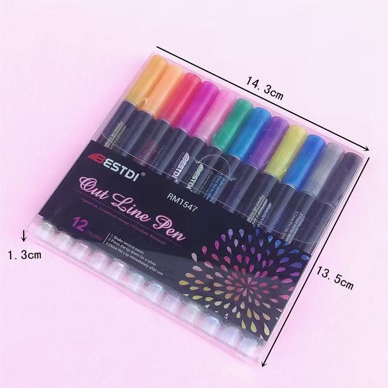 Cross-border Amazon double-line pen, color planner pen, dreamy metal outline pen, hand-drawn 12-color highlighter pen, marker pen Item Picture