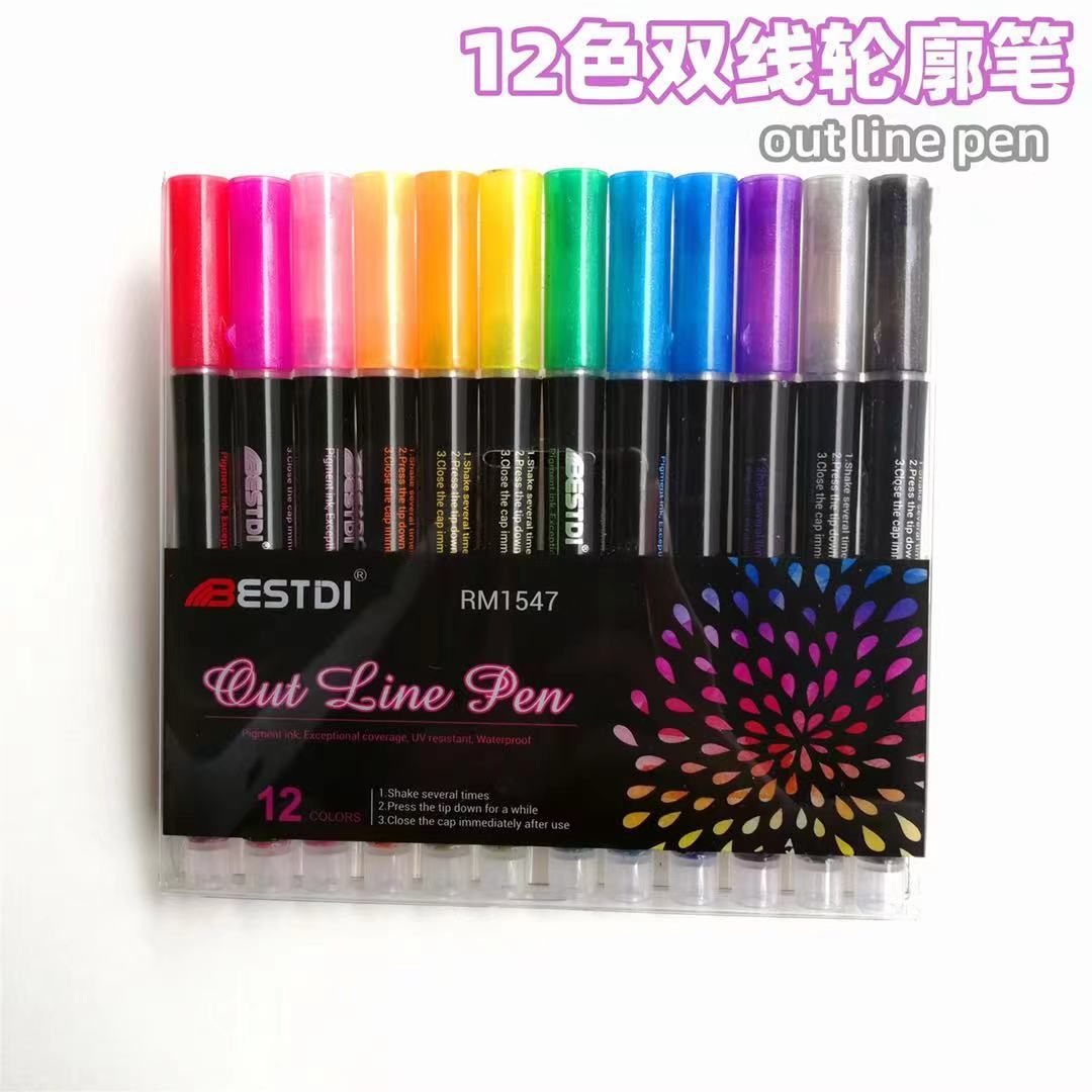 Cross-border Amazon double-line pen, color planner pen, dreamy metal outline pen, hand-drawn 12-color highlighter pen, marker pen