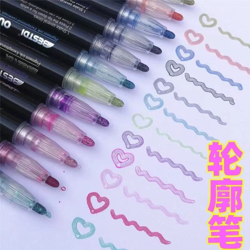 Cross-border Amazon double-line pen, color planner pen, dreamy metal outline pen, hand-drawn 12-color highlighter pen, marker pen detail image 11