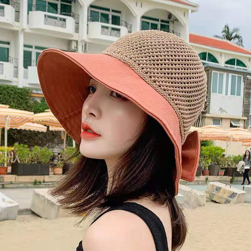 春夏新款百搭渔夫帽子女针织镂空拼色蝴蝶结太阳帽遮阳防晒草帽潮