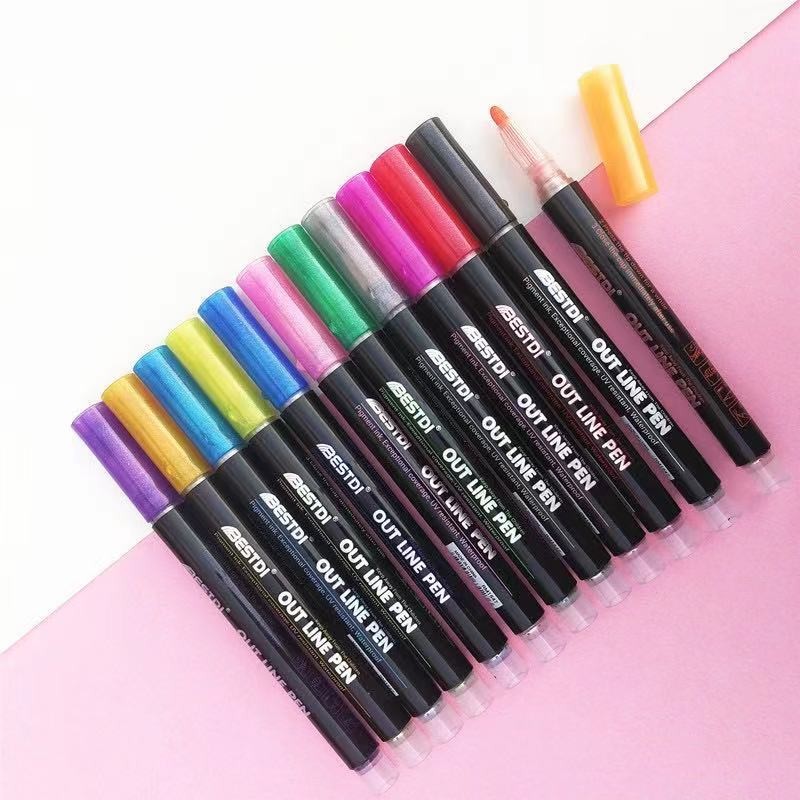 Cross-border Amazon double-line pen, color planner pen, dreamy metal outline pen, hand-drawn 12-color highlighter pen, marker pen detail image 3