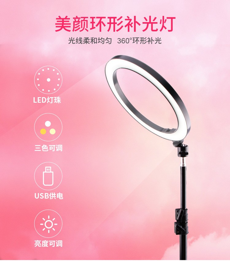 直播灯10寸26cm补光灯摄影网红主播美颜手机LED打光环形灯详情图3