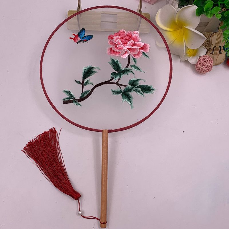透明刺绣宫扇汉服双面绣花扇子古风团扇中国风复古真丝线扇子细节图