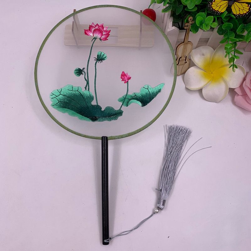 透明刺绣宫扇汉服双面绣花扇子古风团扇中国风复古真丝线扇子产品图