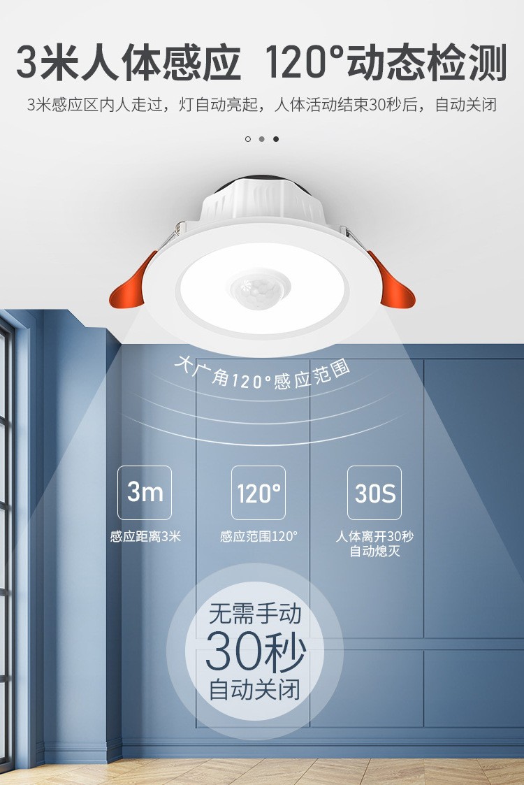 LED人体感应筒灯自动智能开关嵌入式2.5/3/4/6寸过道走廊玄关门口详情图3