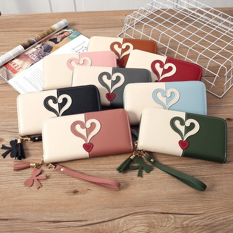 潮流女钱包卡包新款跨境简约个性长款女士钱包爱心PU女式手拿包