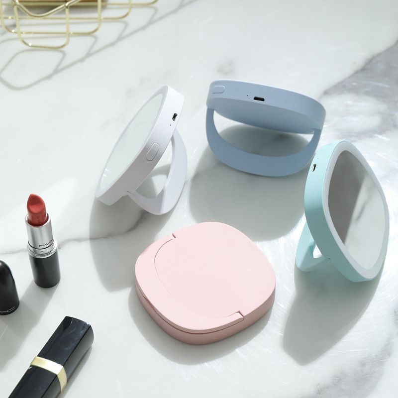 2020 New Creative portable LED lighting multi-functional makeup mirror usb charging mini folding makeup mirror