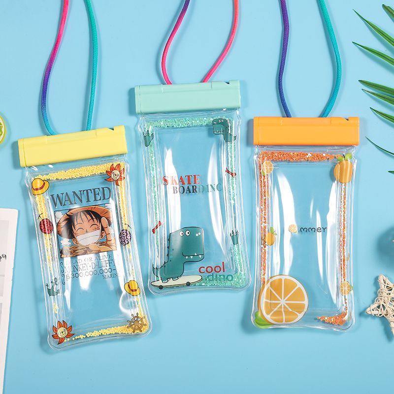 New transparent quicksand inflatable mobile phone swimming waterproof bag, cartoon rescue whistle, floating airbag drift bag Item Picture