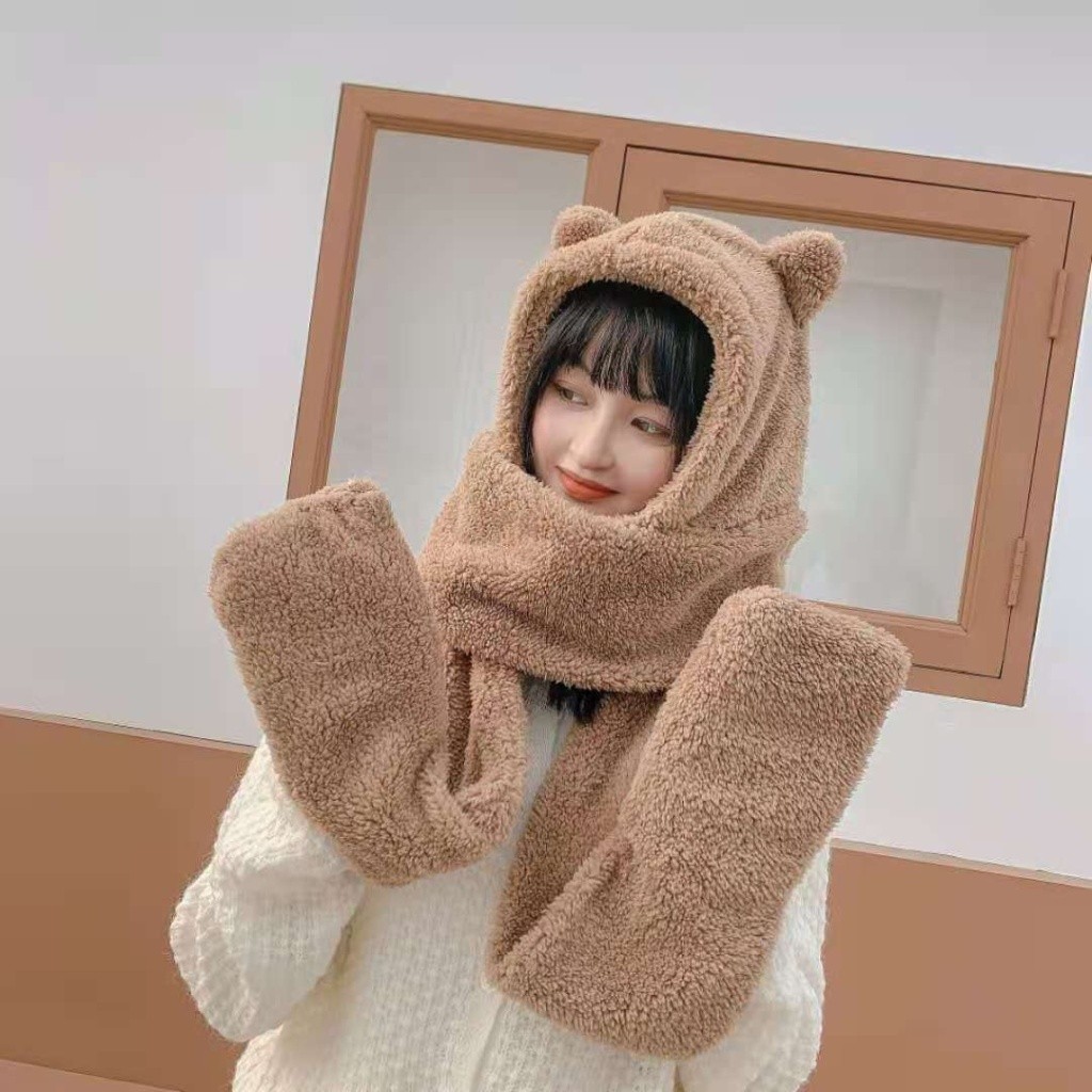 Jane Eyre Siyuan Network's new Korean-style three-piece set, featuring a thick, warm and cute little bear hat, scarf and gloves, all in one detail image 6