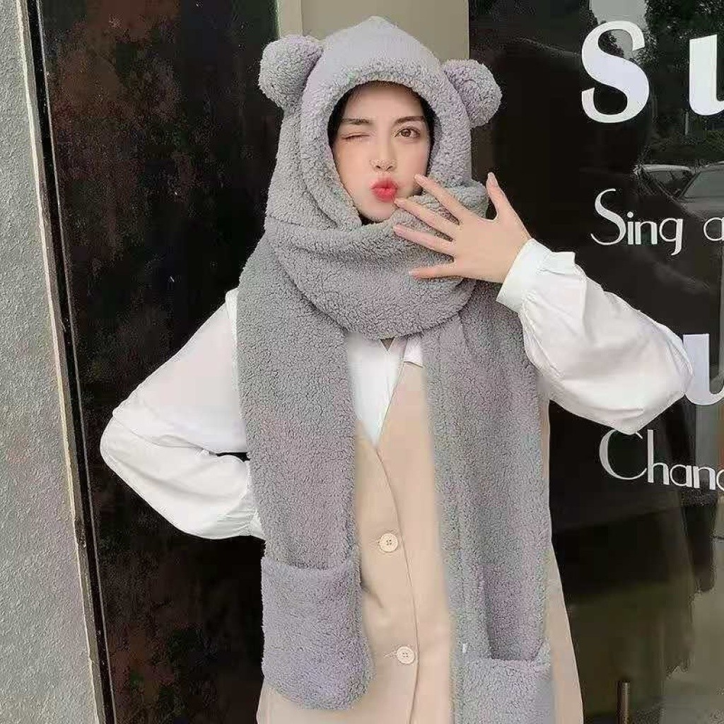 Jane Eyre Siyuan Network's new Korean-style three-piece set, featuring a thick, warm and cute little bear hat, scarf and gloves, all in one detail image 5