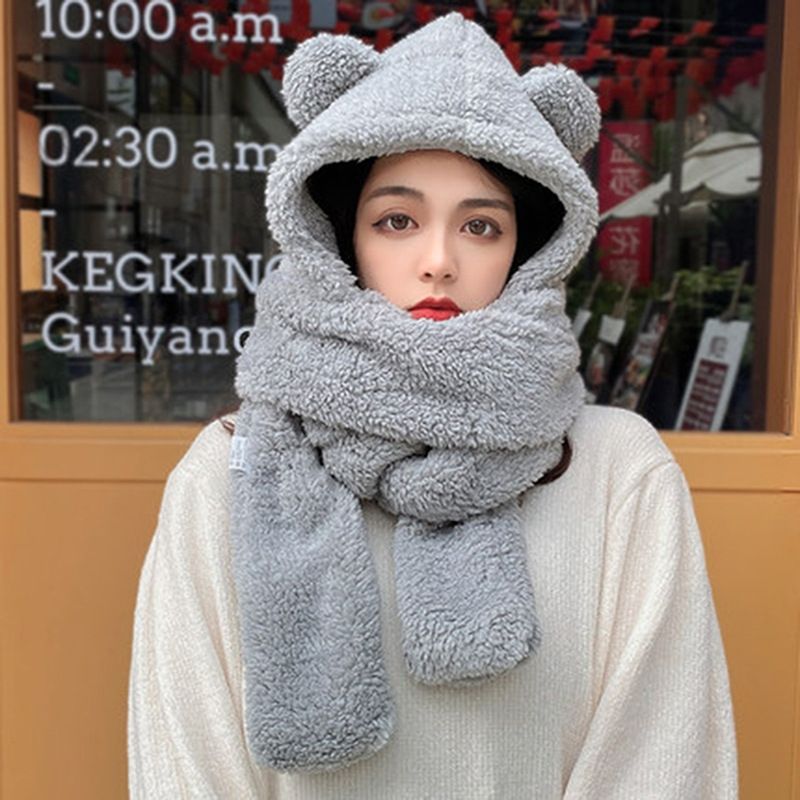 Jane Eyre Siyuan Network's new Korean-style three-piece set, featuring a thick, warm and cute little bear hat, scarf and gloves, all in one