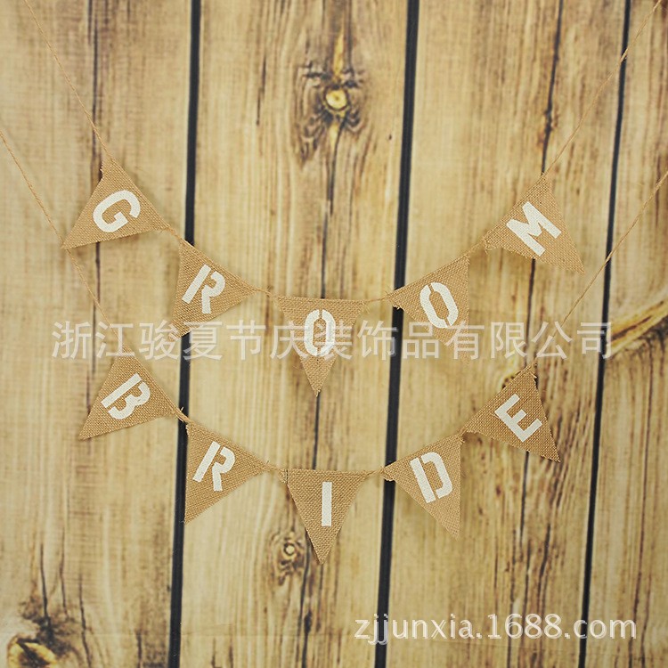 新郎新娘创意婚庆装饰派对拉旗 麻布三角旗   欧美旗帜详情图11