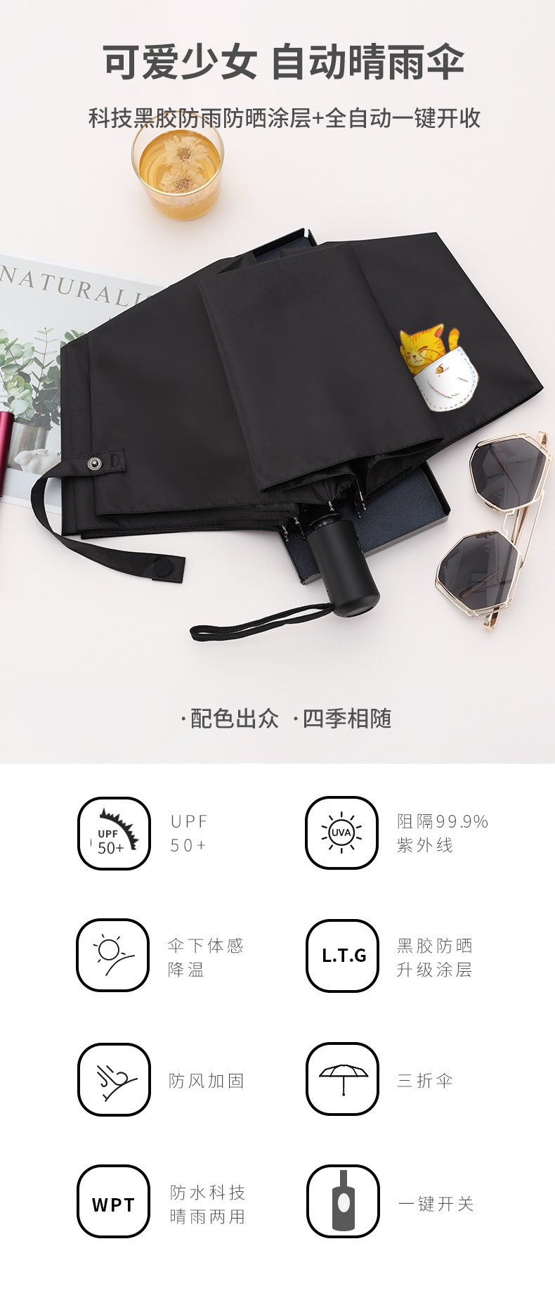 三折自动米白色雨伞晴雨两用学生男士太阳女生简约男防晒黑色折叠女ins风详情图1