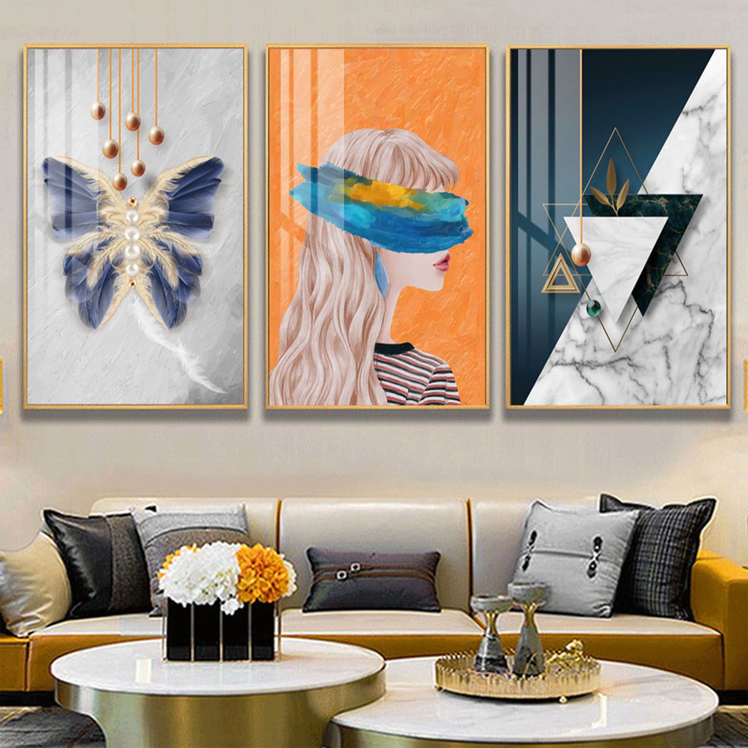 北欧现代简约轻奢装饰画抽象时尚沙发背景墙面人物北欧客厅三联画图