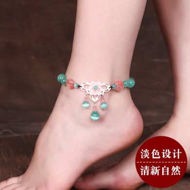 民族风2021新款脚链女复古玉石脚饰夏季百搭简约手工编织闺蜜足链
