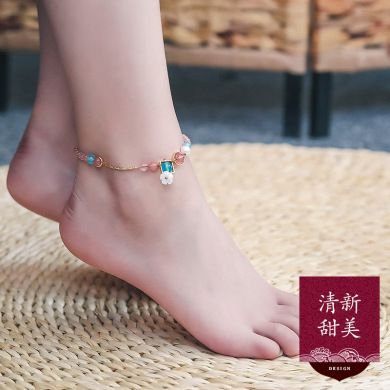 粉色ins风脚链女韩版简约学生森系仿水晶珠足链 招桃花超仙脚饰品