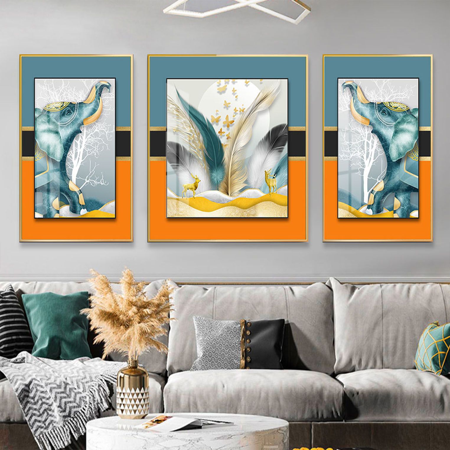 客厅装饰画/山水三联画/现代轻奢画细节图