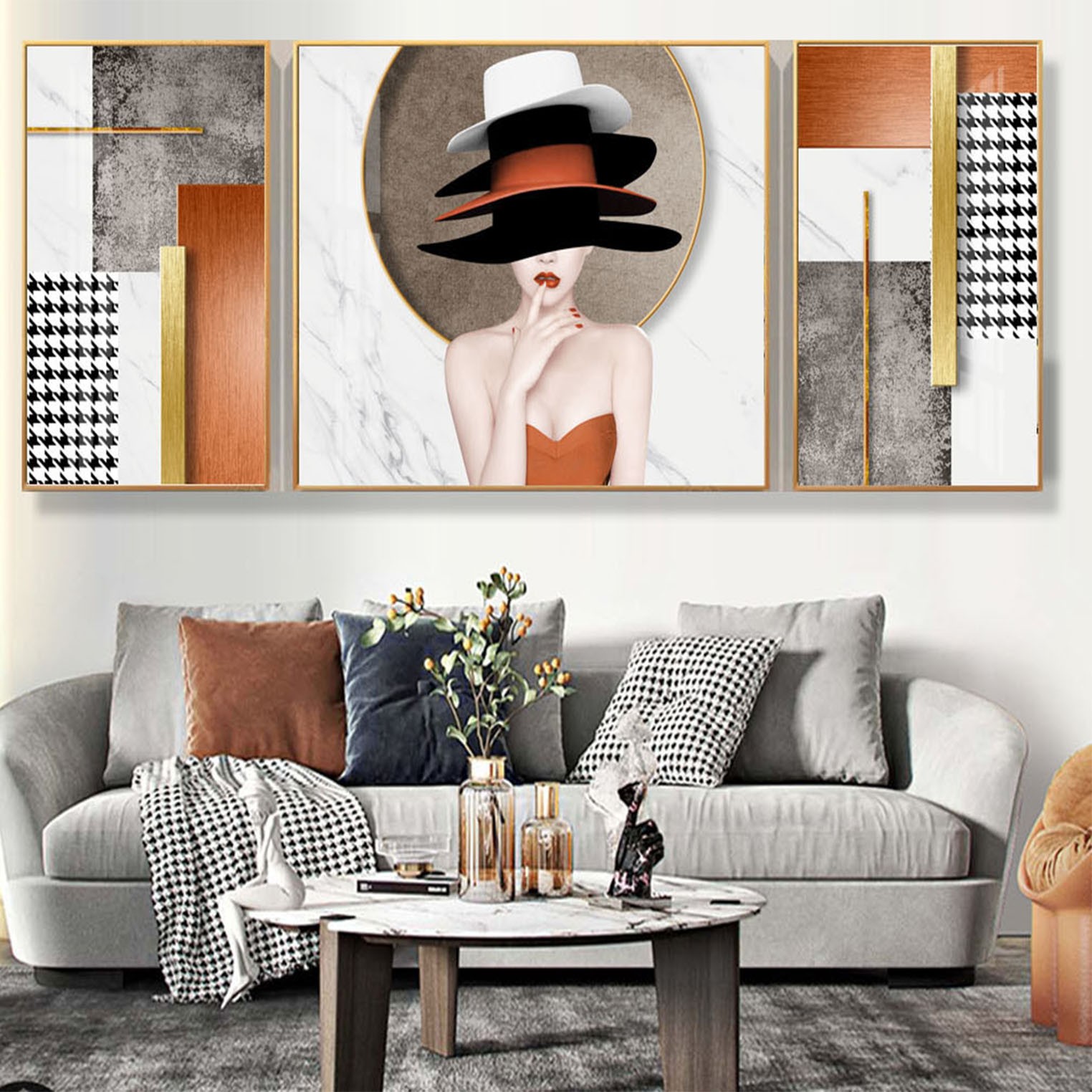 客厅沙发背景墙装饰画轻奢高档大气抽象性建筑现代简约山水三联画详情图1