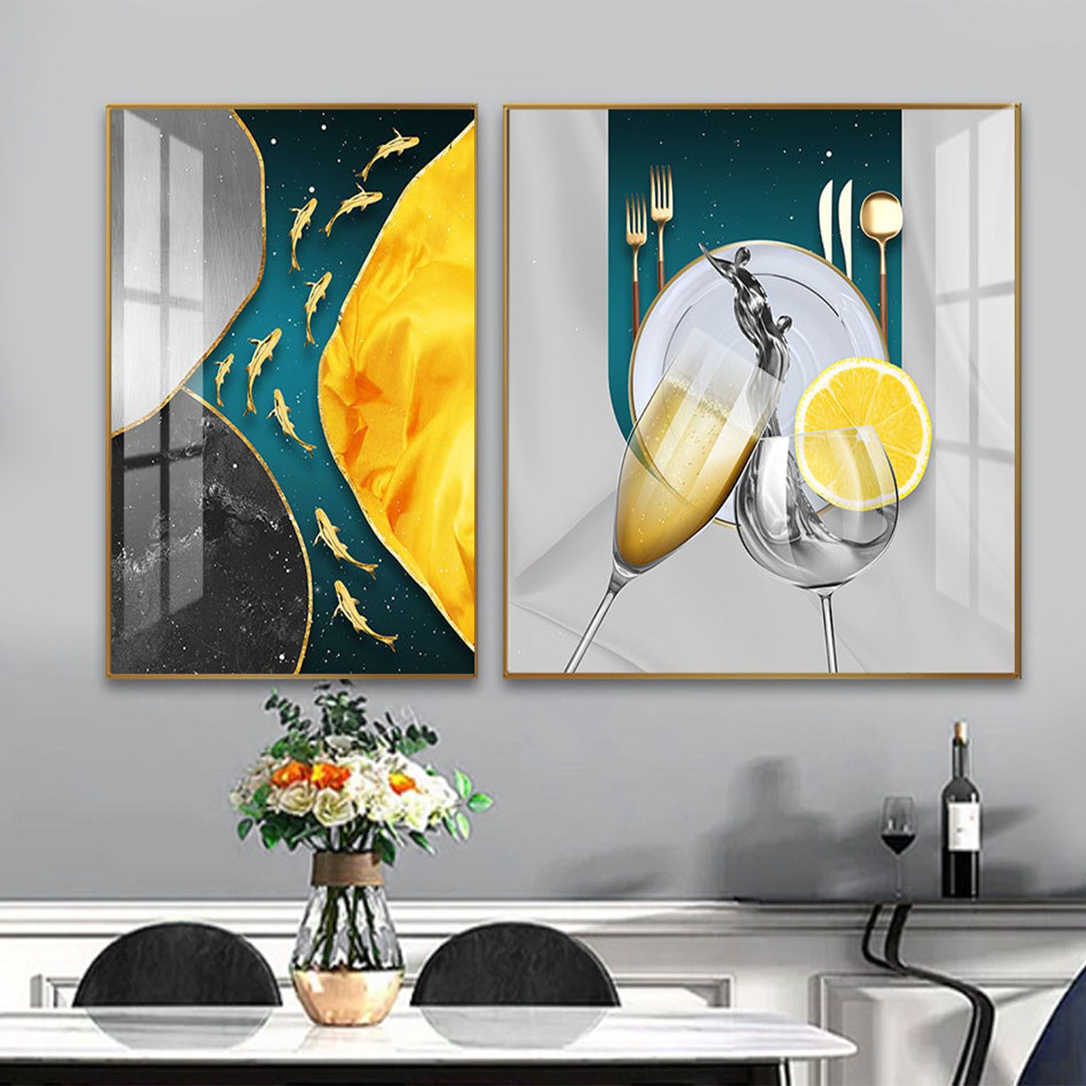 Light Luxury Restaurant Decoration Painting Modern Simple Dining Room Table Wall Hanging Painting Creative Wine Glass Fruit Coffee Shop Two Paintings Application Scenario