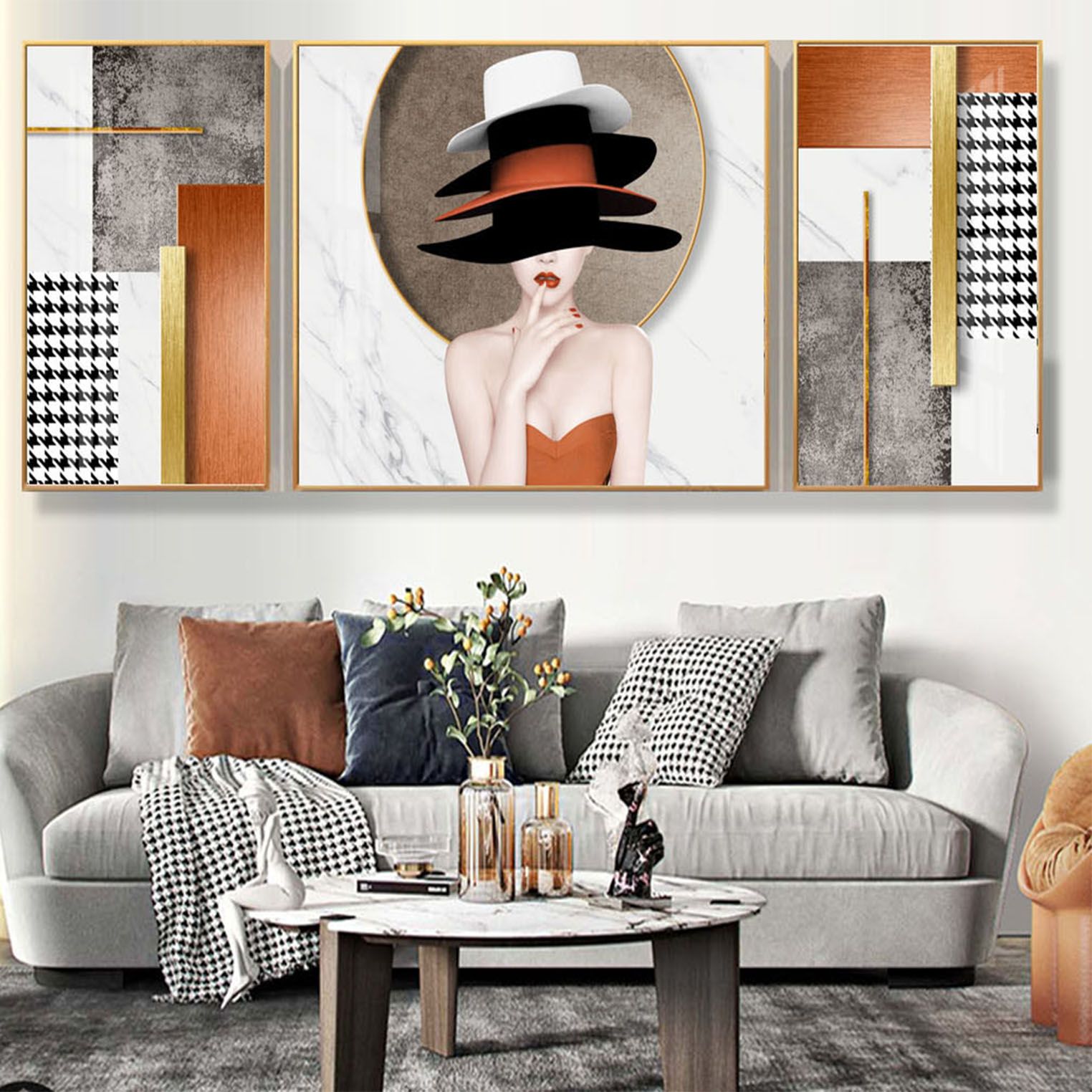 客厅沙发背景墙装饰画轻奢高档大气抽象性建筑现代简约山水三联画