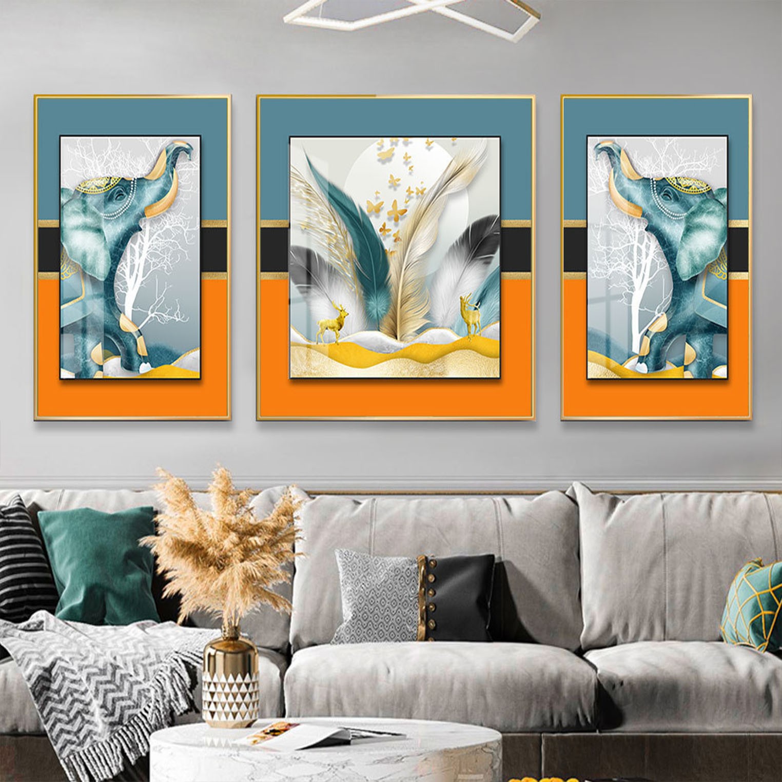 客厅沙发背景墙装饰画轻奢高档大气抽象性建筑现代简约山水三联画详情图3