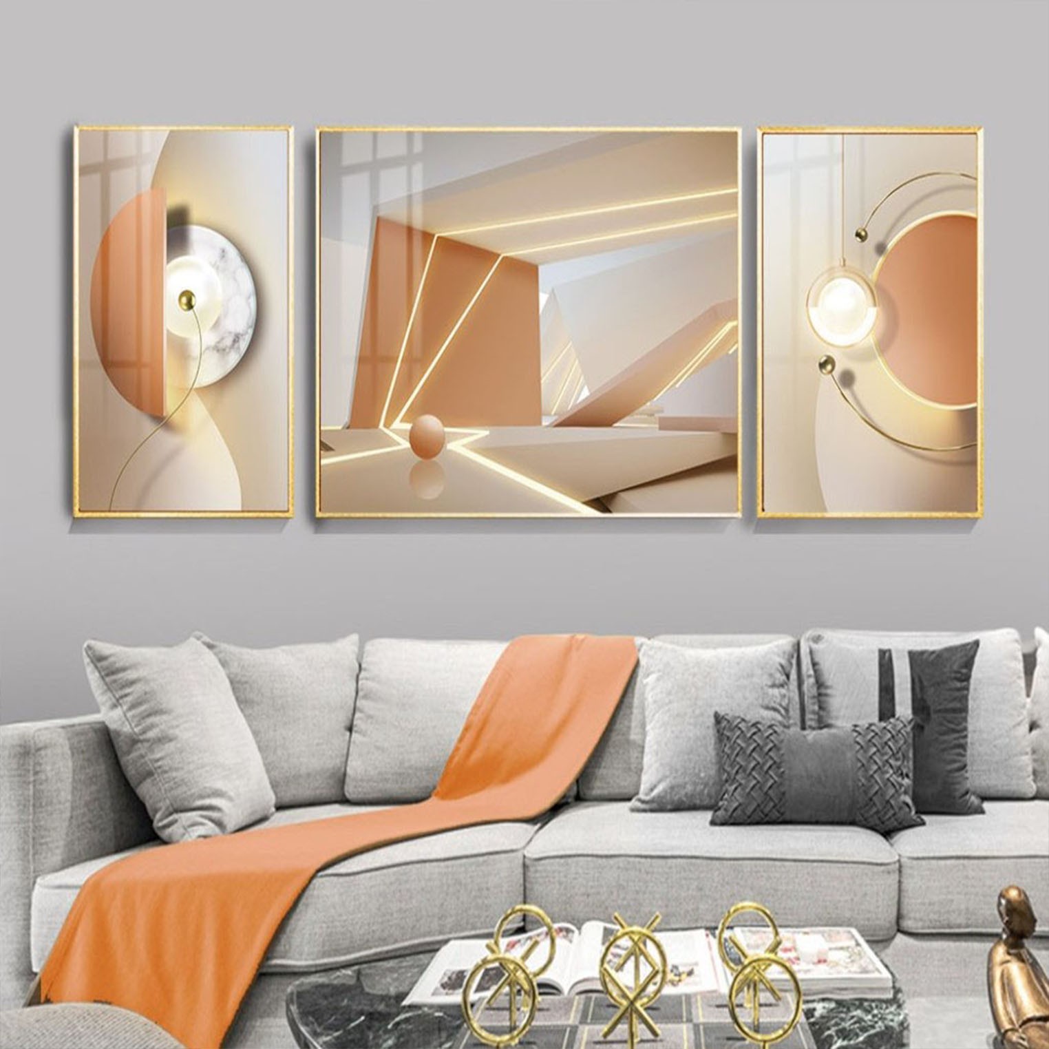 客厅沙发背景墙装饰画轻奢高档大气抽象性建筑现代简约山水三联画详情图4