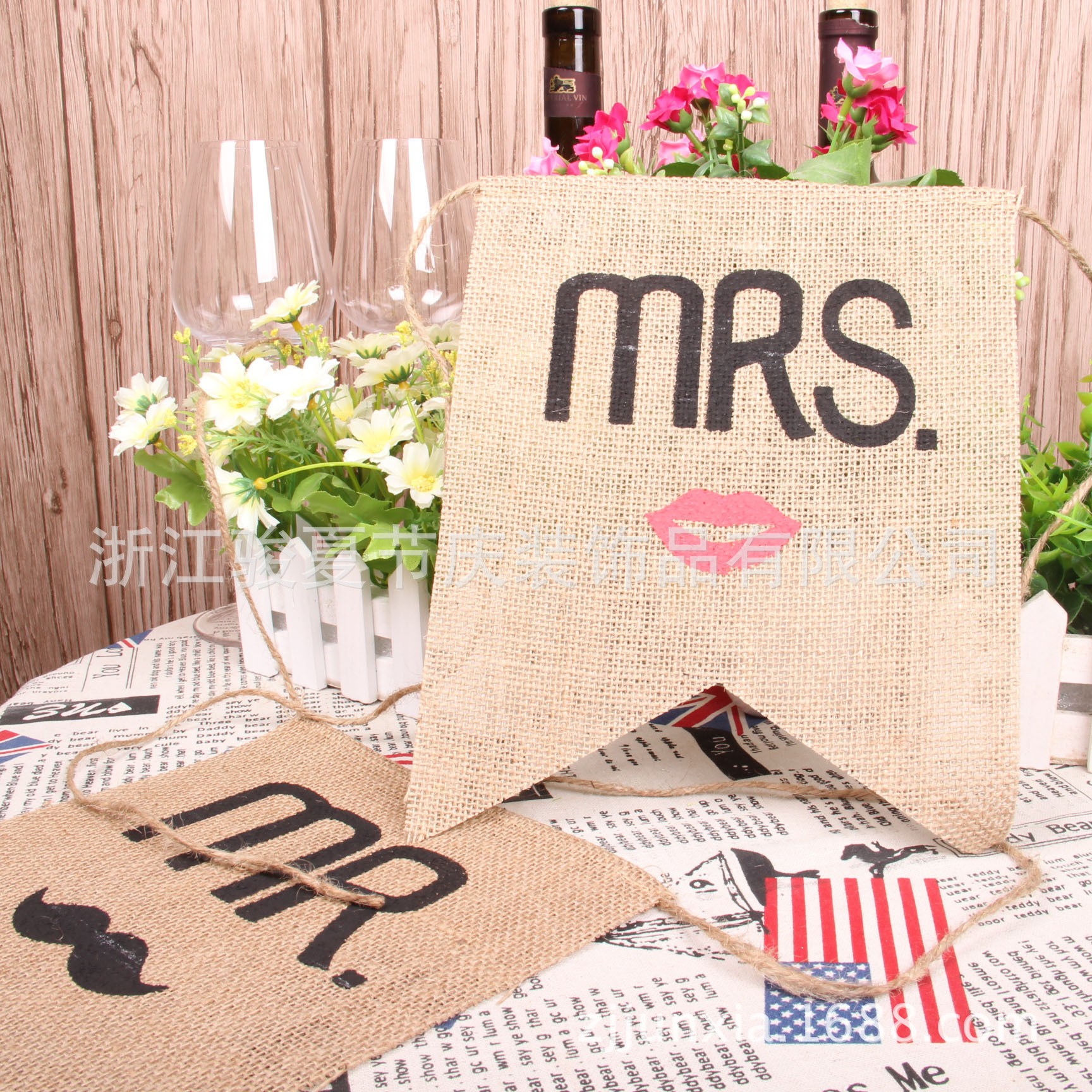 创意婚庆派对麻布拉旗 Mr Mrs 卡通图案拉旗 diy环保详情图9