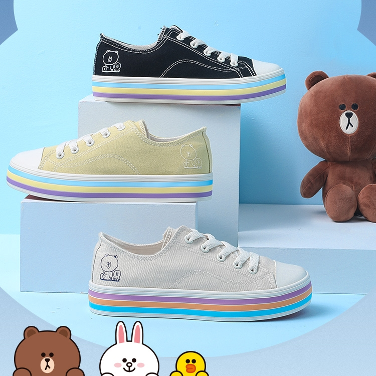 人本2021夏季新款布朗熊联名帆布鞋彩虹低百搭潮鞋女图