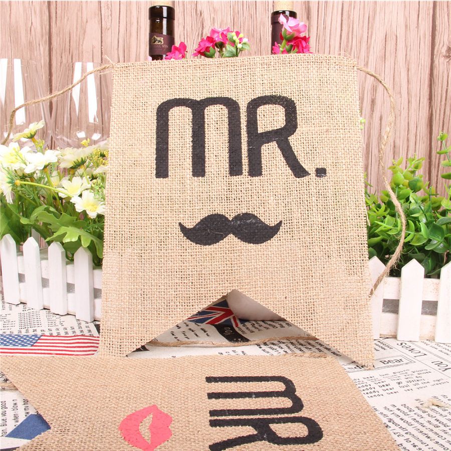 创意婚庆派对麻布拉旗 Mr Mrs 卡通图案拉旗 diy环保
