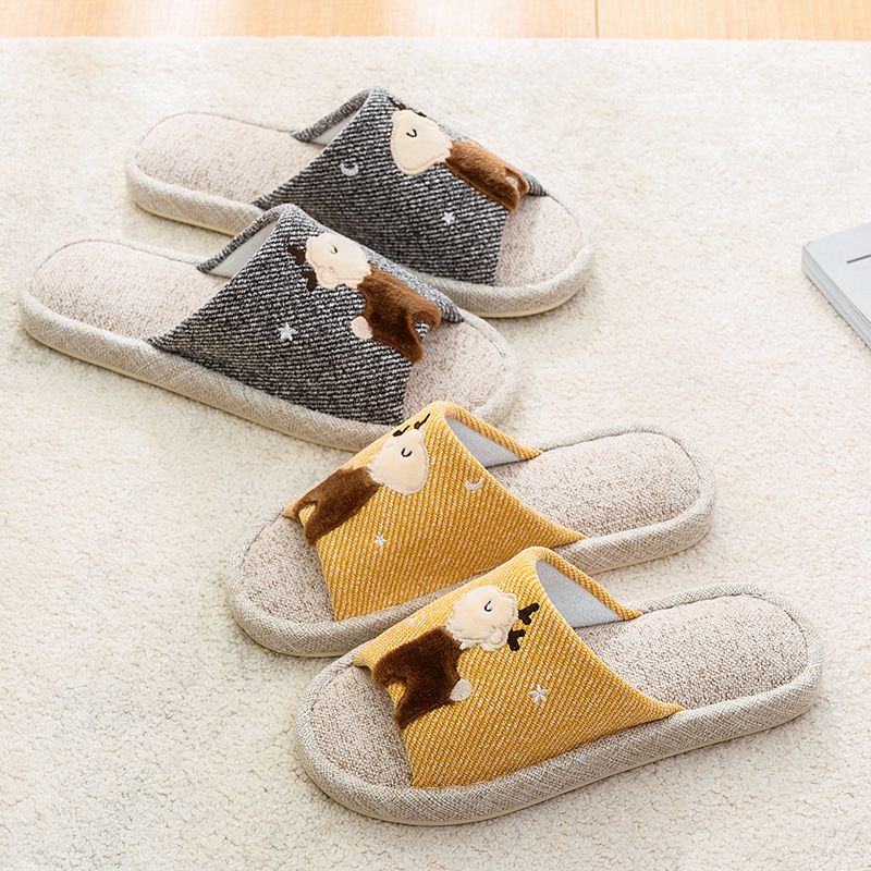 Linen slippers for women, home use, couples, cotton and linen open, anti-slip, lightweight, thick-soled cartoon indoor slippers 2021 new