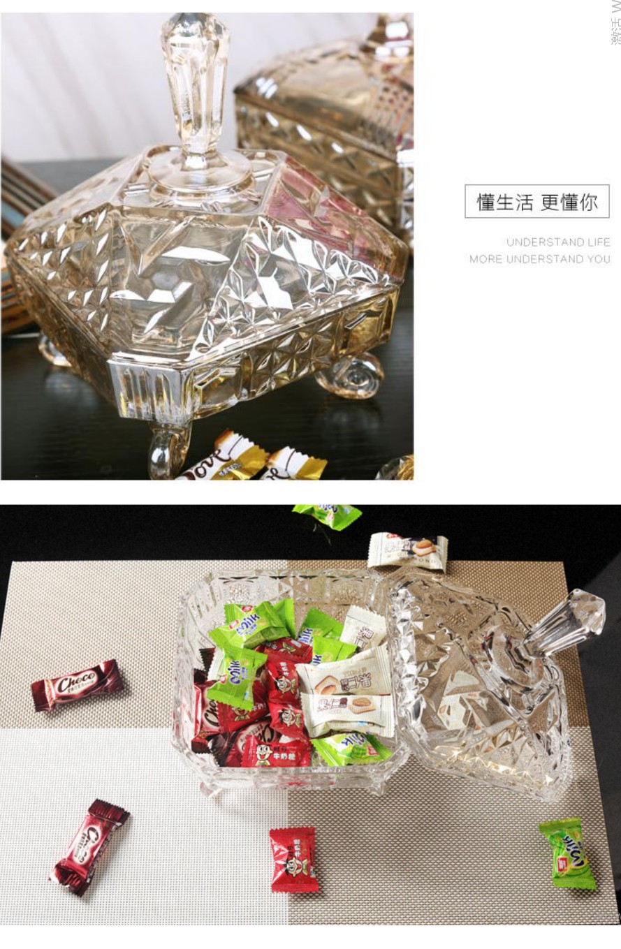 European-style luxurious crystal glass sugar jar, storage jar, dried fruit candy, snack jar, large coffee table with lid, decorative item, amber color detail image 2