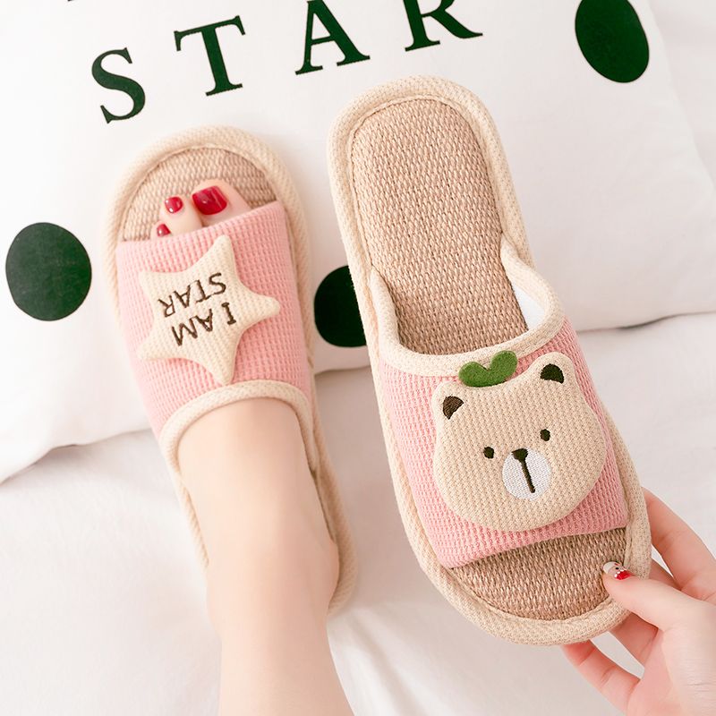 Home slippers for women, spring and autumn linen slippers, indoor home soft soled anti-slip cartoon couple, four seasons fabric slippers for men Specification image