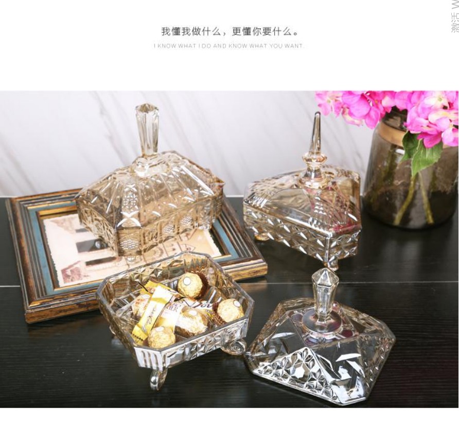 European-style luxurious crystal glass sugar jar, storage jar, dried fruit candy, snack jar, large coffee table with lid, decorative item, amber color detail image 4