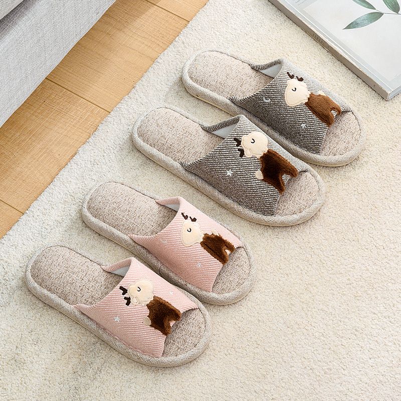Linen slippers for women, home use, couples, cotton and linen open, anti-slip, lightweight, thick-soled cartoon indoor slippers 2021 new details Picture