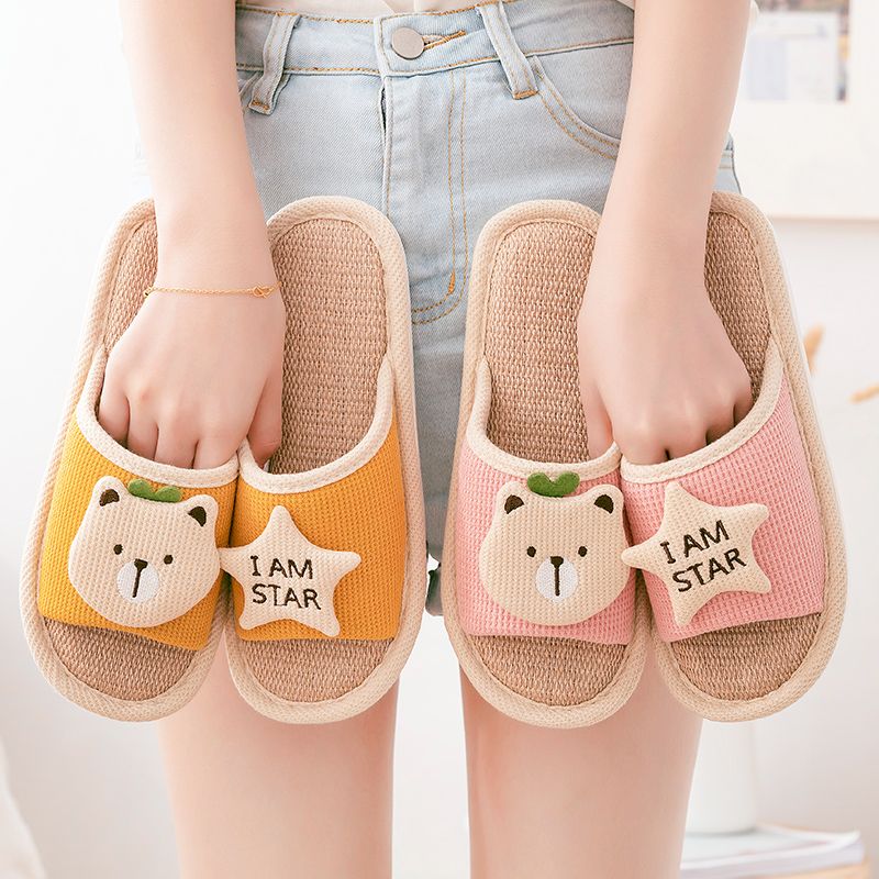Home slippers for women, spring and autumn linen slippers, indoor home soft soled anti-slip cartoon couple, four seasons fabric slippers for men