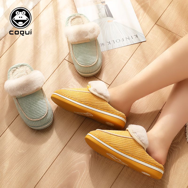 Japanese-style cotton slippers for women and winter men's indoor anti-slip home thick-soled household cotton shoes with fleece couple postpartum shoes
