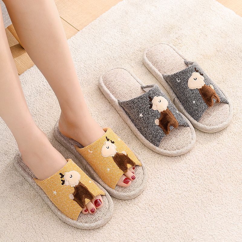 Linen slippers for women, home use, couples, cotton and linen open, anti-slip, lightweight, thick-soled cartoon indoor slippers 2021 new Specification image