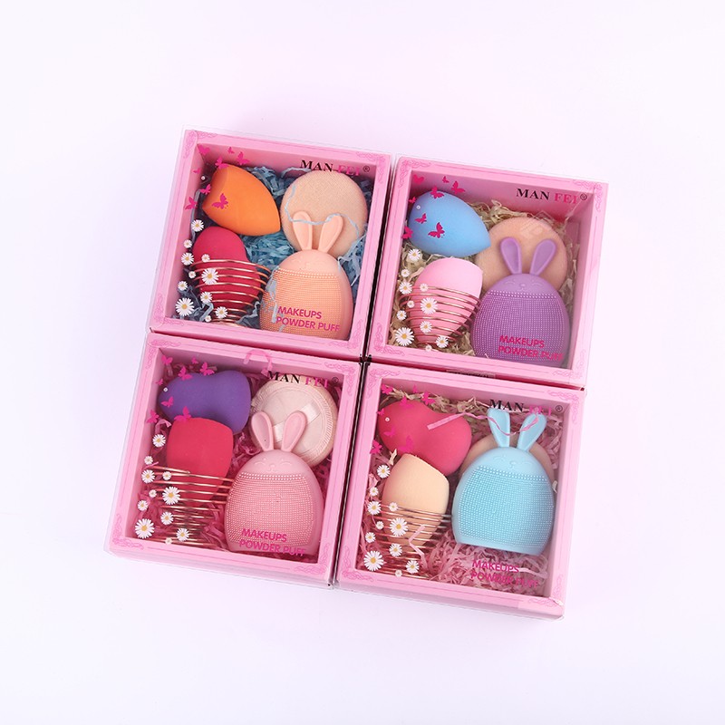 Cartoon cute silicone rabbit face wash brush, non-latex sponge gourd, diagonal cut water drop, beauty egg, makeup egg set detail image 1